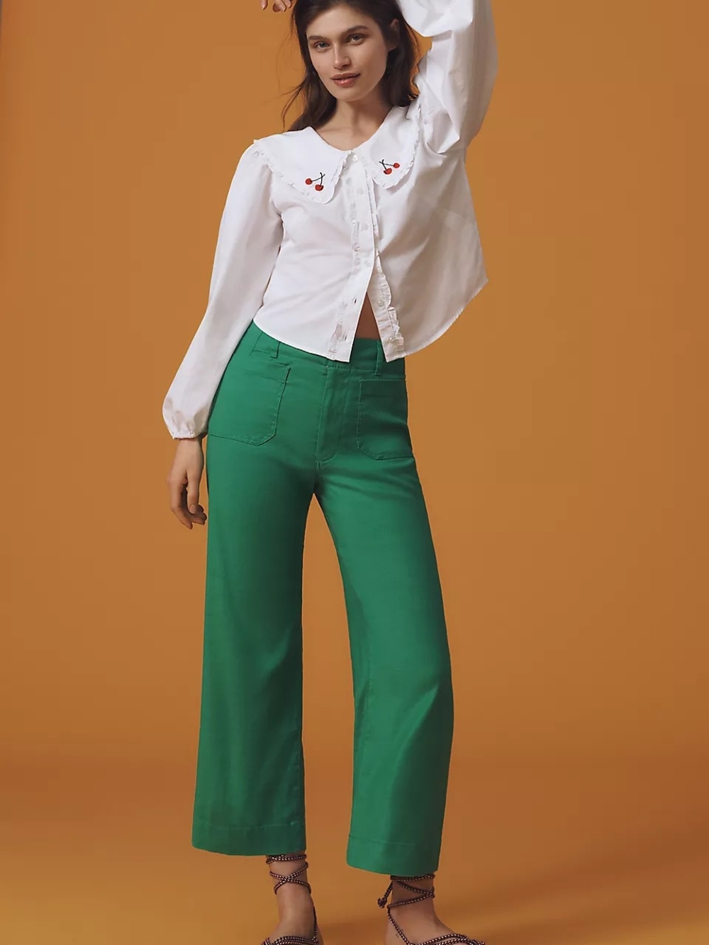 Anthropologie Maeve Colette Linen Cropped Wide Leg Pants Green Size 23